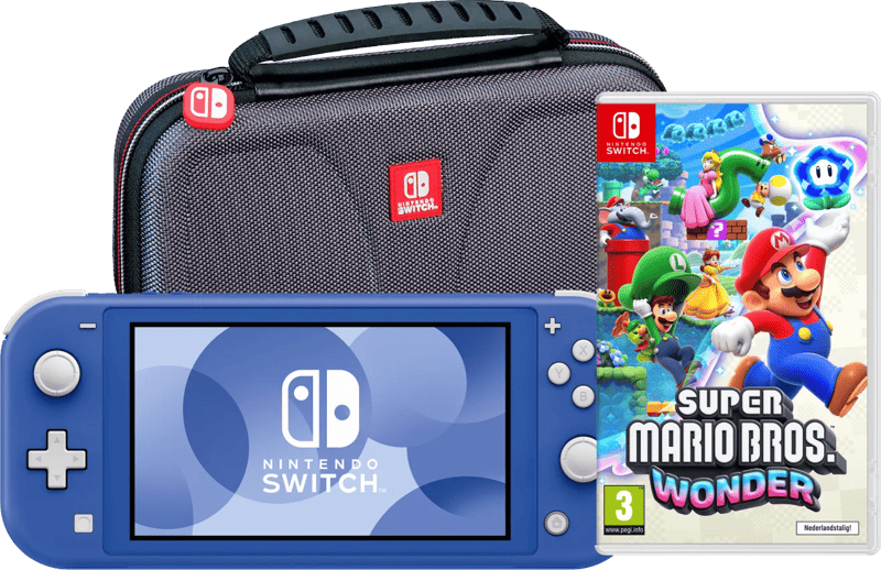 Nintendo Switch Lite Blauw + Super Mario Bros. Wonder + Beschermhoes