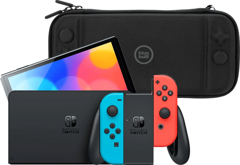 Nintendo Switch OLED Blauw/Rood + BlueBuilt Beschermhoes