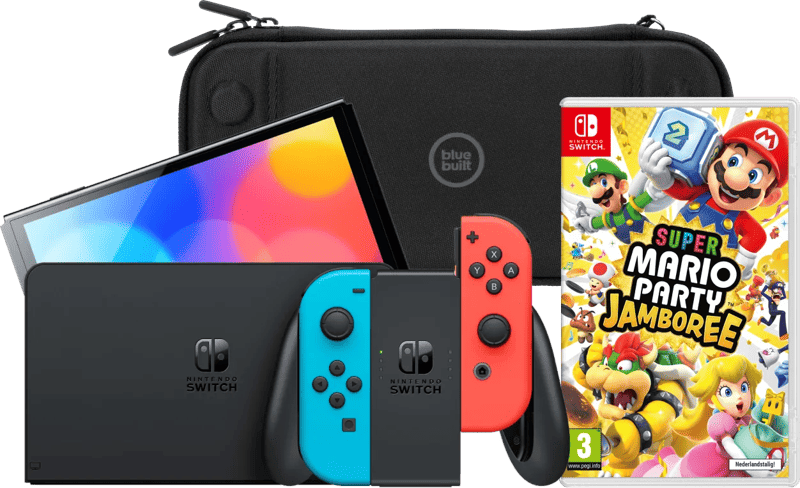 Nintendo Switch OLED Blauw/Rood + Mario Party Jamboree + BlueBuilt Beschermhoes