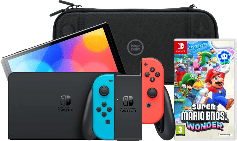 Nintendo Switch OLED Blauw/Rood + Super Mario Bros. Wonder + BlueBuilt Beschermhoes