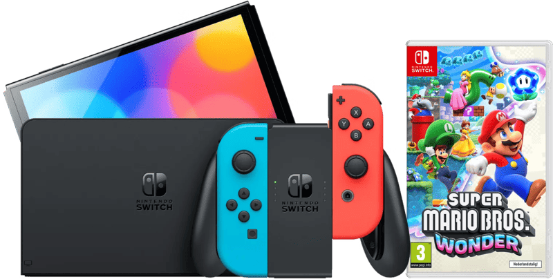 Nintendo Switch OLED Blauw/Rood + Super Mario Bros. Wonder