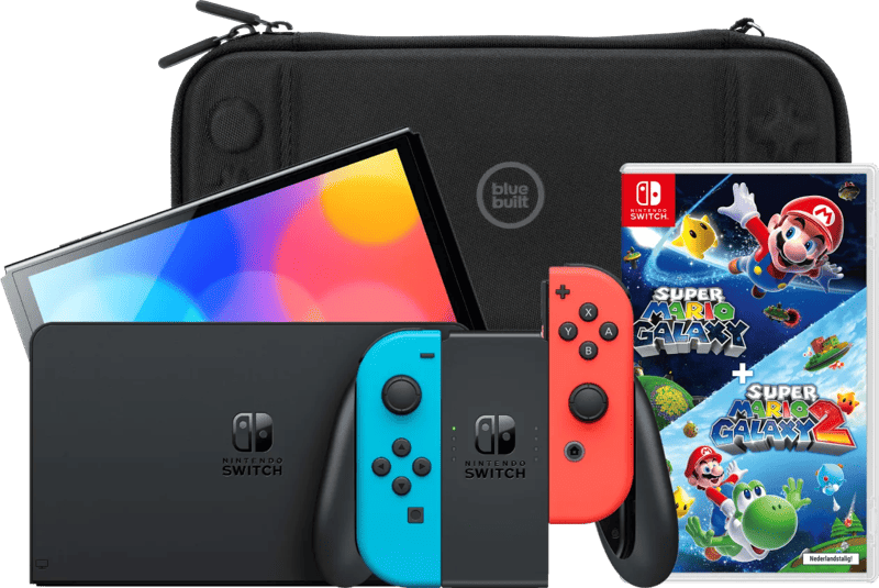 Nintendo Switch OLED Blauw/Rood + Super Mario Galaxy 1+2 + BlueBuilt Beschermhoes
