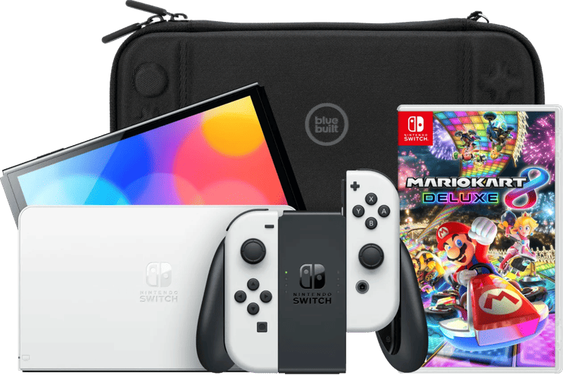 Nintendo Switch OLED Wit + Mario Kart 8 Deluxe + BlueBuilt Beschermhoes