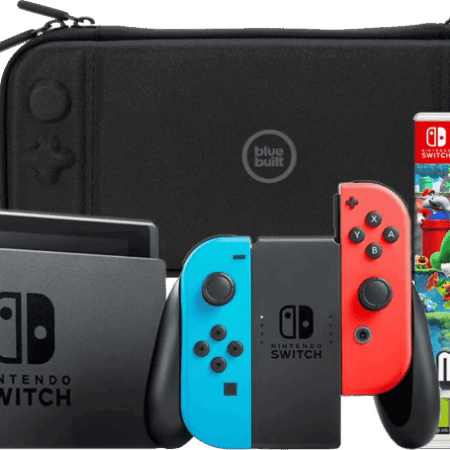 Nintendo Switch Rood/Blauw + Super Mario Bros. Wonder + BlueBuilt Beschermhoes