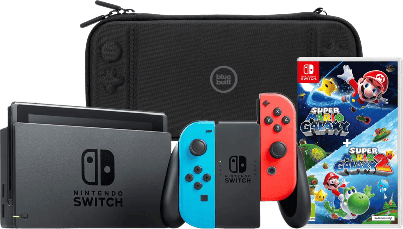 Nintendo Switch Rood/Blauw + Super Mario Galaxy 1+2 + BlueBuilt Beschermhoes