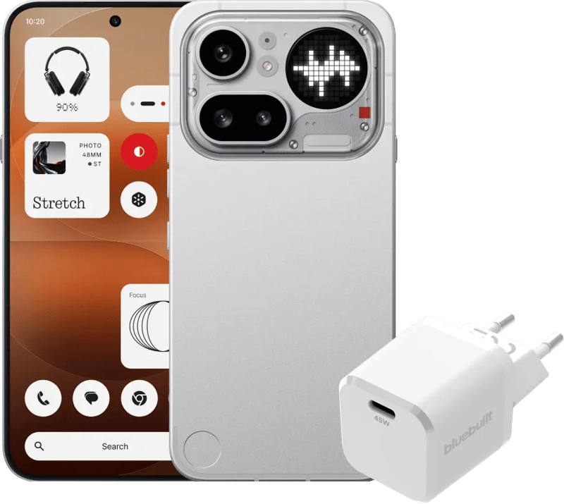 Nothing Phone (4a) Pro 256GB Zilver 5G + BlueBuilt Oplader met Usb C Poort 45W Wit