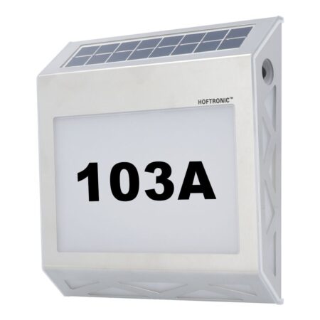 Numa - LED Solar Huisnummer - Wandlamp - 3000K Warm wit - 40 Lumen - Schemerschakelaar - Polykristal solar - IP65 - Zilver - Solar huisnummerverlichting | HOFTRONIC