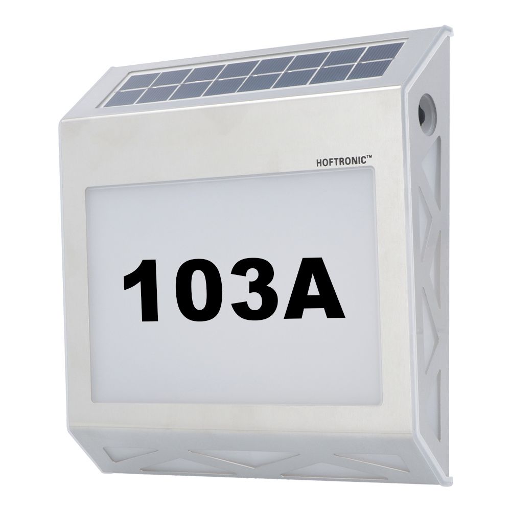 Numa - LED Solar Huisnummer - Wandlamp - 3000K Warm wit - 40 Lumen - Schemerschakelaar - Polykristal solar - IP65 - Zilver - Solar huisnummerverlichting | HOFTRONIC