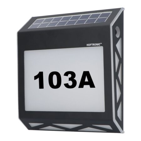 Numa - LED Solar Huisnummer - Wandlamp - 3000K Warm wit - 40 Lumen - Schemerschakelaar - Polykristal solar - IP65 - Zwart - Solar huisnummerverlichting | HOFTRONIC