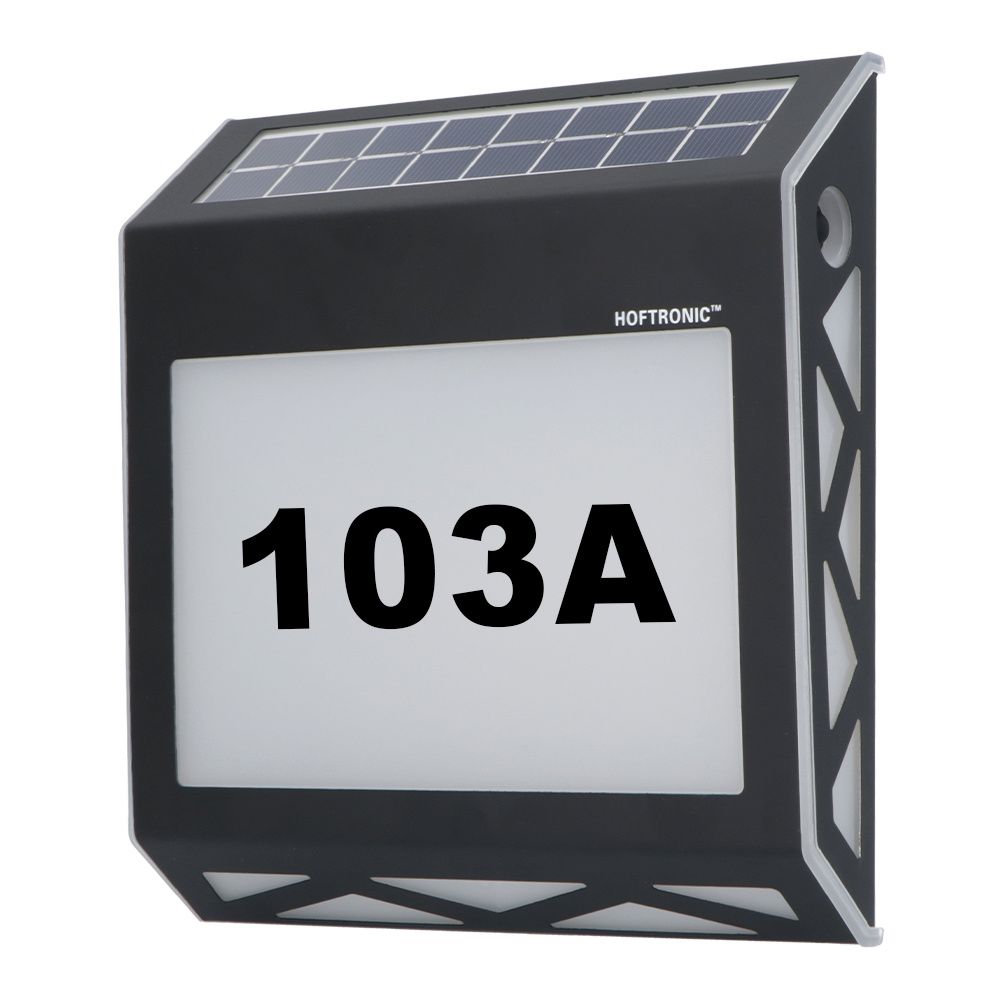 Numa - LED Solar Huisnummer - Wandlamp - 3000K Warm wit - 40 Lumen - Schemerschakelaar - Polykristal solar - IP65 - Zwart - Solar huisnummerverlichting | HOFTRONIC
