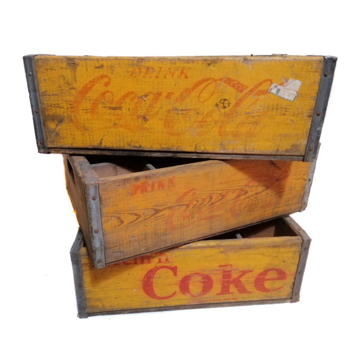 Originele Vintage Houten Coca-Cola Flessenkrat - Geel - Europees Model | Coca-Cola