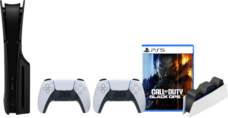 PS5 Slim Disc Edition + Black Ops 7 + Covers Zwart + Extra Controller Wit + Oplaadstation