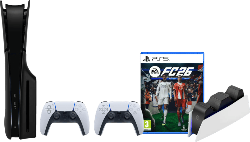 PS5 Slim Disc Edition + FC 26 + Covers Zwart + Extra Controller Wit + Oplaadstation