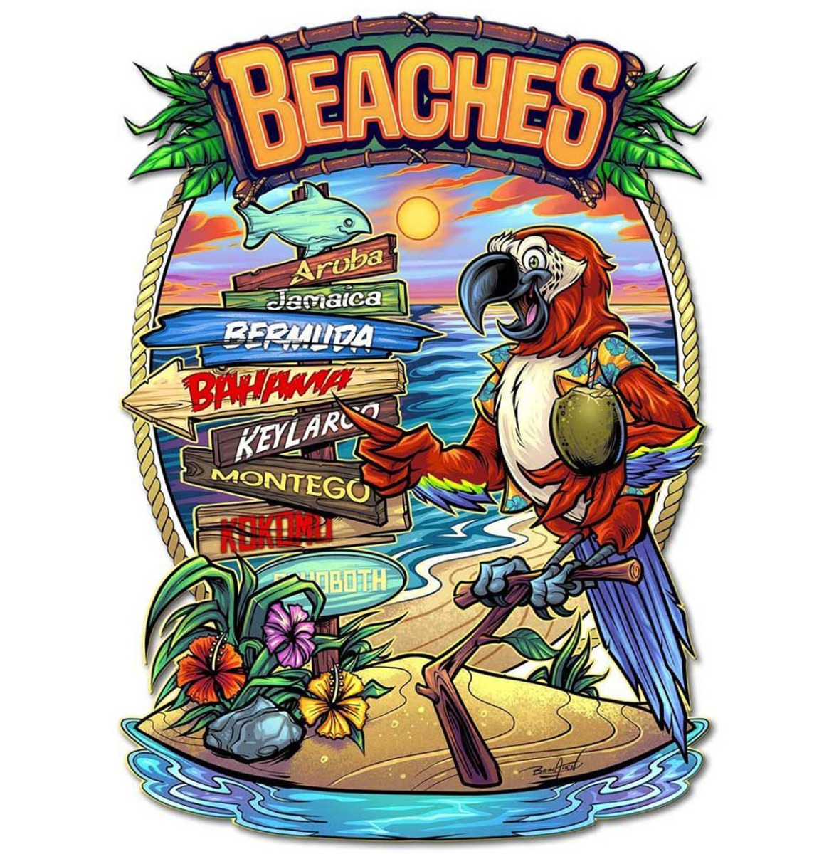 Parrot Beach Crossroads - Metalen Bord 55 x 39 cm | Fiftiesstore