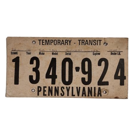 Pennsylvania Tijdelijke Kentekenplaat - 1980 - Origineel | The Dutch Pickers