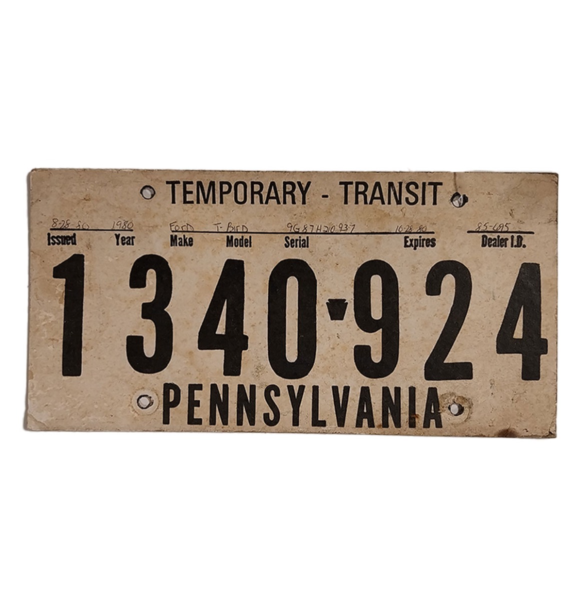 Pennsylvania Tijdelijke Kentekenplaat - 1980 - Origineel | The Dutch Pickers
