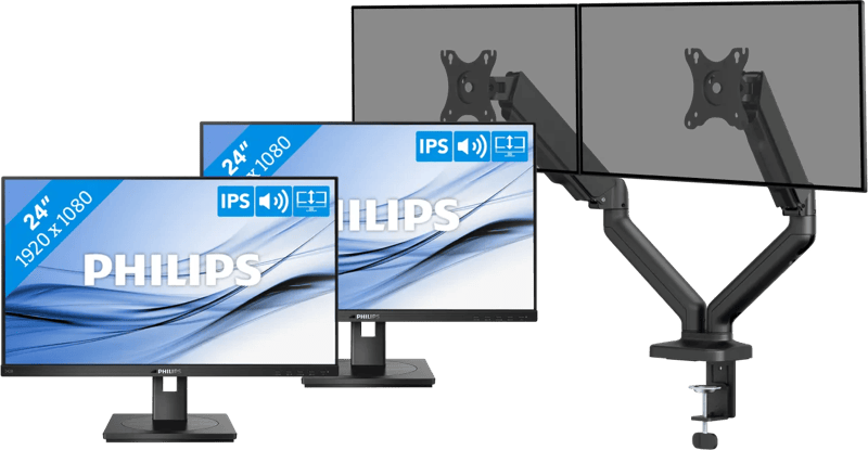 Philips 242B1G/00 Duo Pack + BlueBuilt Monitorarm Mechanische Veer voor 2 Monitoren