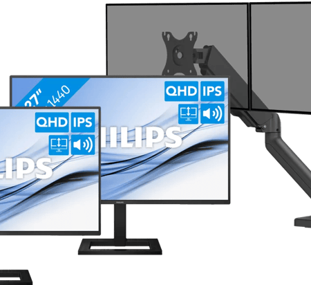 Philips 27E1N1600AE/00 Duo Pack + BlueBuilt Monitorarm Mechanische Veer voor 2 Monitoren