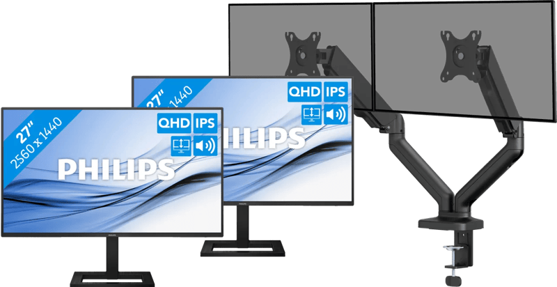 Philips 27E1N1600AE/00 Duo Pack + BlueBuilt Monitorarm Mechanische Veer voor 2 Monitoren