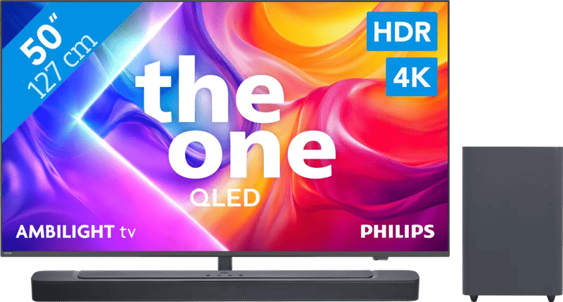 Philips Ambilight 50" PUS9000 QLED 4K (2025) + JBL Bar 2.1 Deep Bass MK2 Zwart
