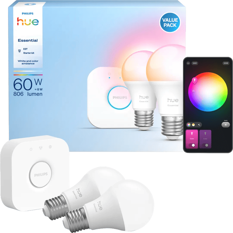 Philips Hue Essential A60 White and Color Starter Pack E27 806lm 2-pack + Bridge
