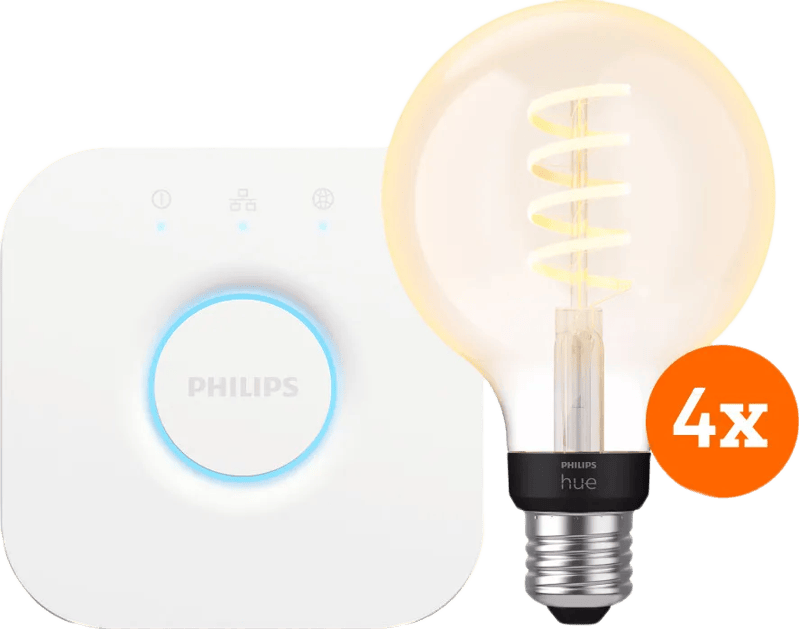 Philips Hue Filament White Ambiance Globe 4-Pack + Bridge