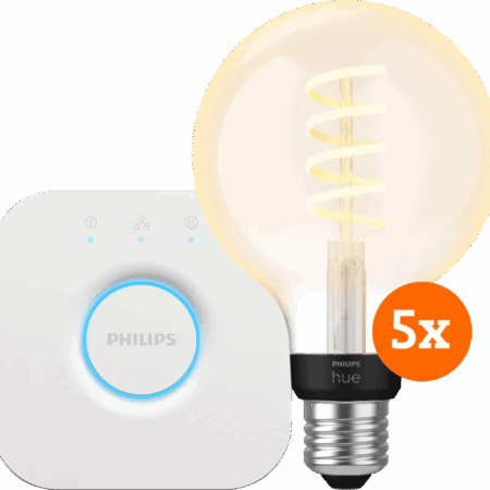 Philips Hue Filament White Ambiance Globe 5-Pack + Bridge