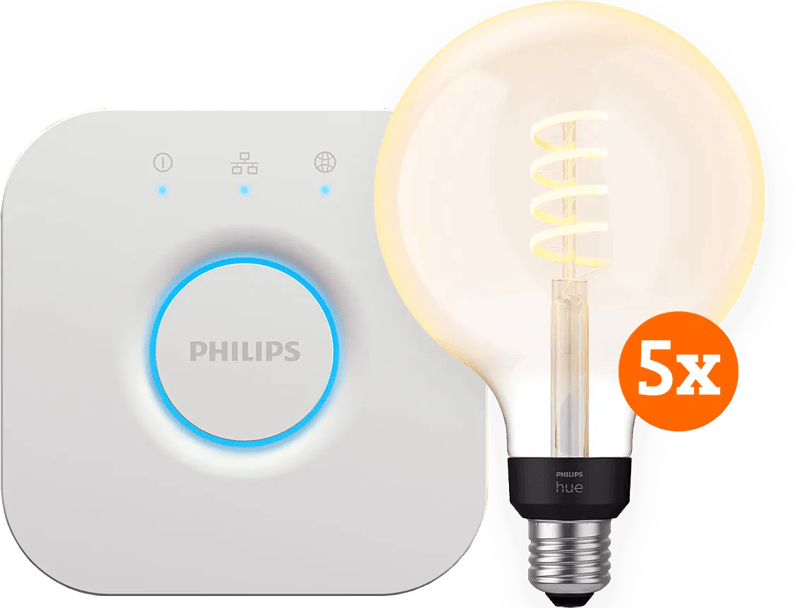 Philips Hue Filament White Ambiance Globe XL 5-Pack + Bridge