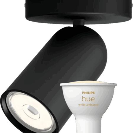 Philips Pongee opbouwspot - 1 spot - zwart + Philips Hue White Ambiance GU10