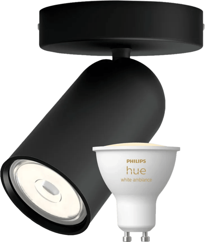 Philips Pongee opbouwspot - 1 spot - zwart + Philips Hue White Ambiance GU10