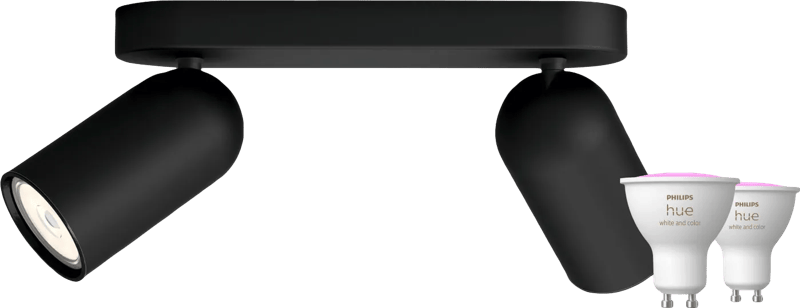 Philips Pongee opbouwspot - 2 spots - zwart + Philips Hue White and Color GU10 (2x)