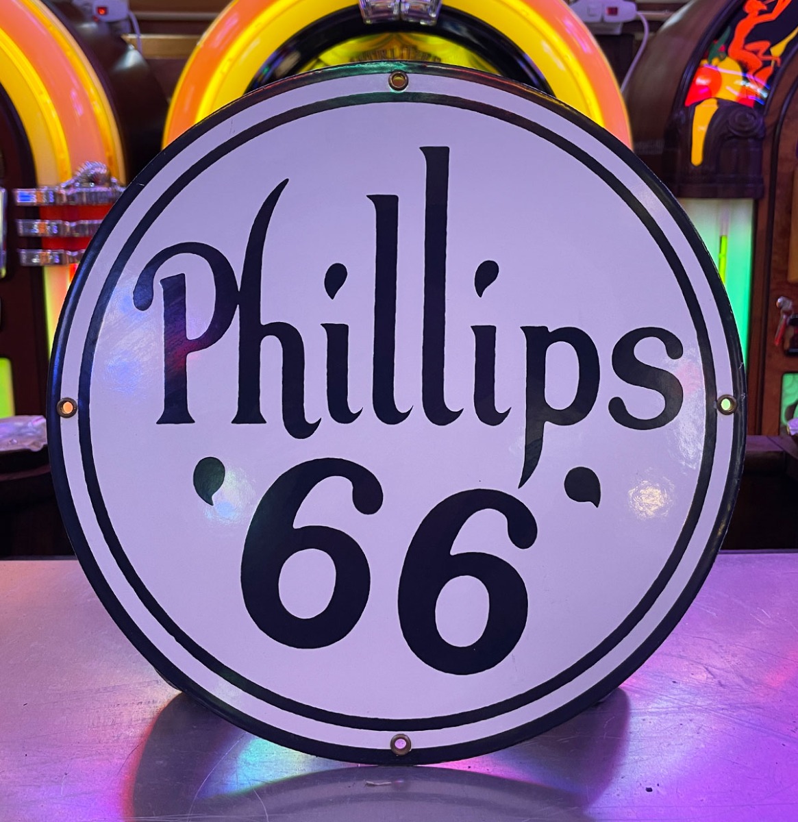 Phillips 66 Rond Emaille Bord - Jaren '80 Productie Sample - Ø30cm (Wit) | Phillips 66
