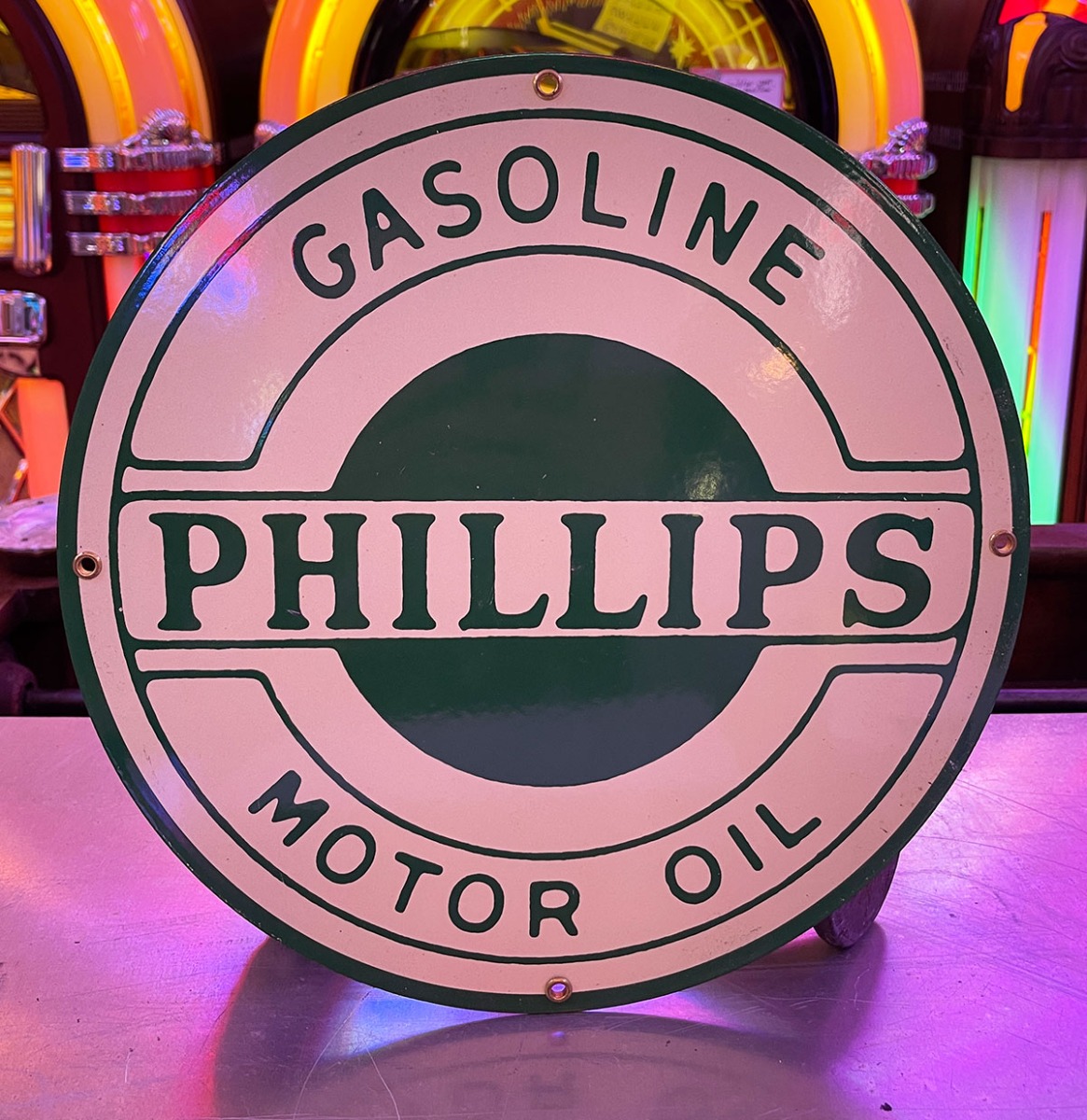 Phillips Gasoline Motor Oil Emaille Bord - Production Sample - Jaren '80 - Ø30 cm (Creme) | Phillips 66