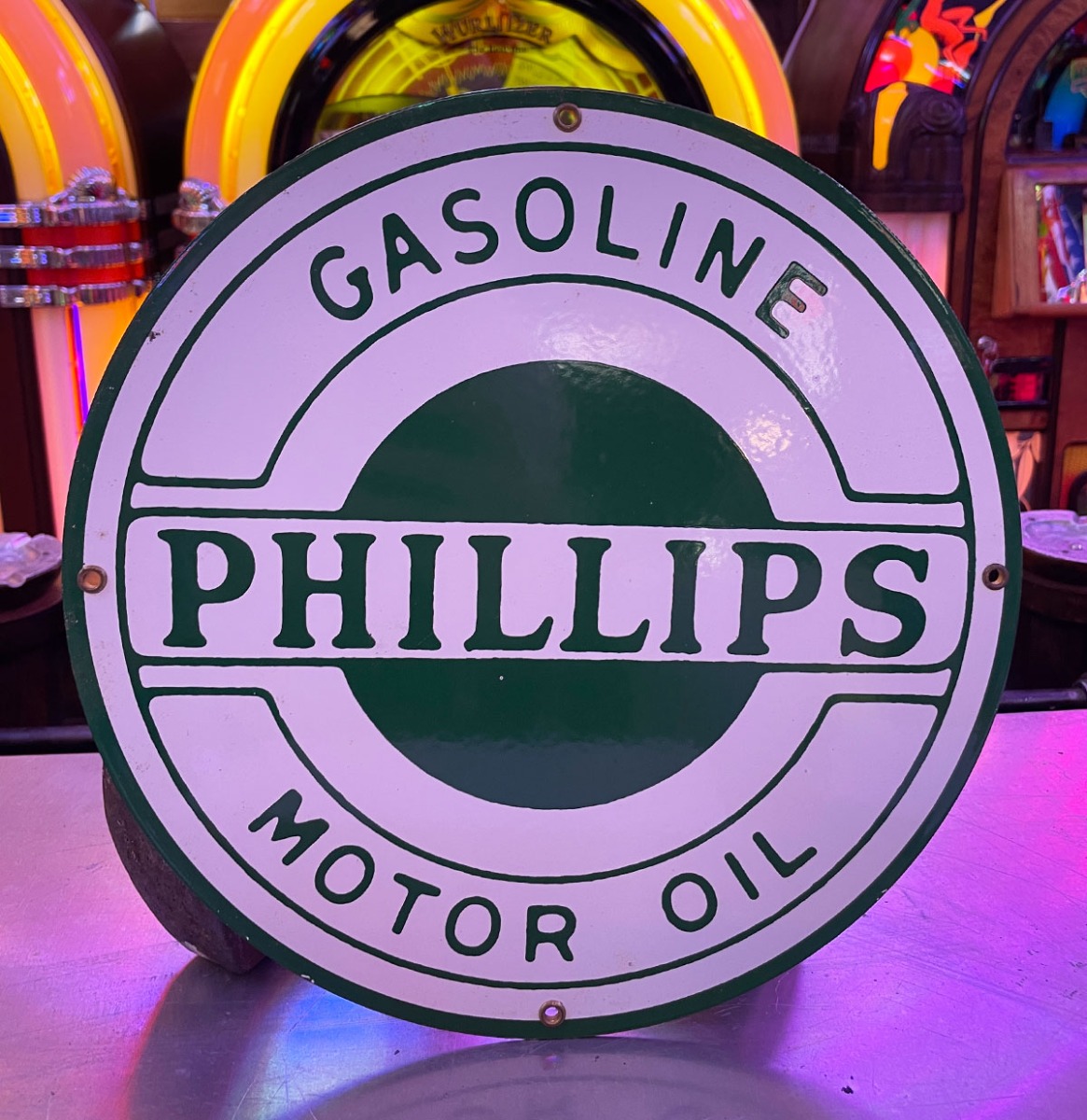 Phillips Gasoline Motor Oil Emaille Bord - Production Sample - Jaren '80 - Ø30 cm (Wit) | Phillips 66