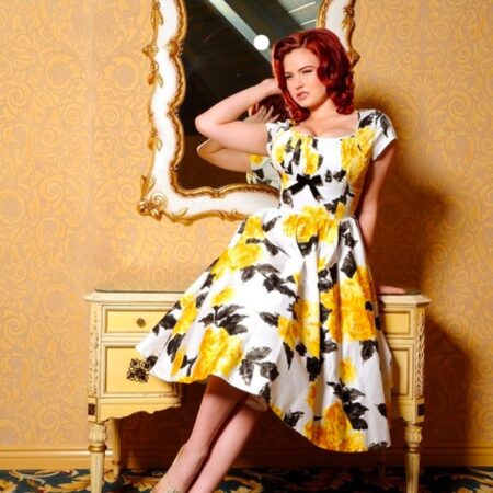 Pinup Couture Evelyn Yellow Roses Swing Dress + Bolero-S | 54% korting | Pinup Couture