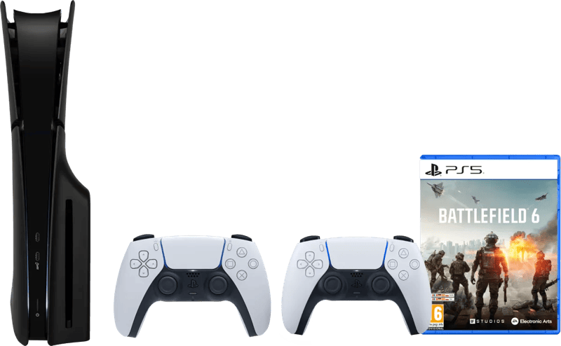 PlayStation 5 Slim Disc Edition + Battlefield 6 + Covers Zwart + Extra Controller Wit