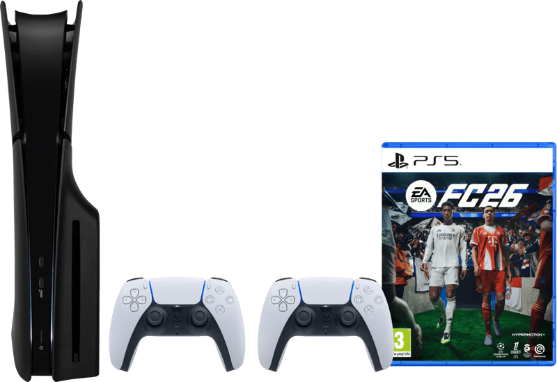 PlayStation 5 Slim Disc Edition + FC 26 + Covers Zwart + Extra Controller Wit