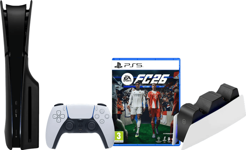 PlayStation 5 Slim Disc Edition + FC 26 + Covers Zwart + Oplaadstation