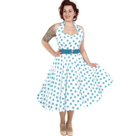 Polka Dress White/Turquoise-36 (NL) /10 (UK) | 28% korting | Vivien of Holloway