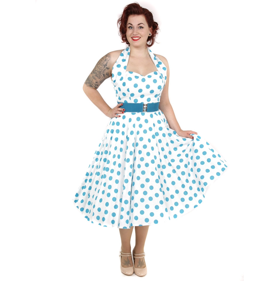 Polka Dress White/Turquoise-36 (NL) /10 (UK) | 28% korting | Vivien of Holloway