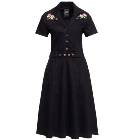 Queen Kerosin Denim Swing Dress Flowers Black-XXL | Queen Kerosin
