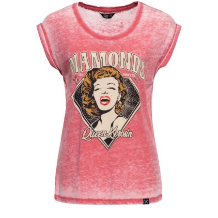 Queen Kerosin Enzym Wash T-Shirt 'Diamonds' Pink-S | 30% korting | Queen Kerosin