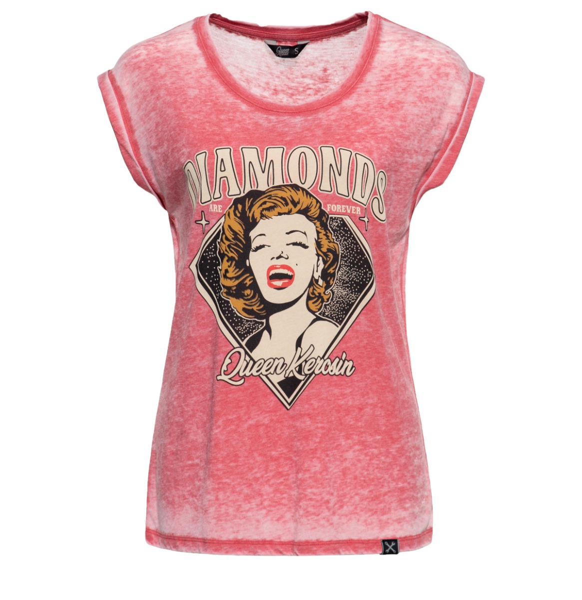 Queen Kerosin Enzym Wash T-Shirt 'Diamonds' Pink-S | 30% korting | Queen Kerosin