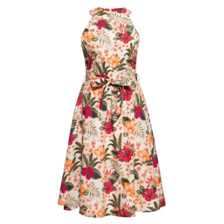 Queen Kerosin Hawaii Hibiscus Turtleneck Swing Dress Off White-L | Queen Kerosin