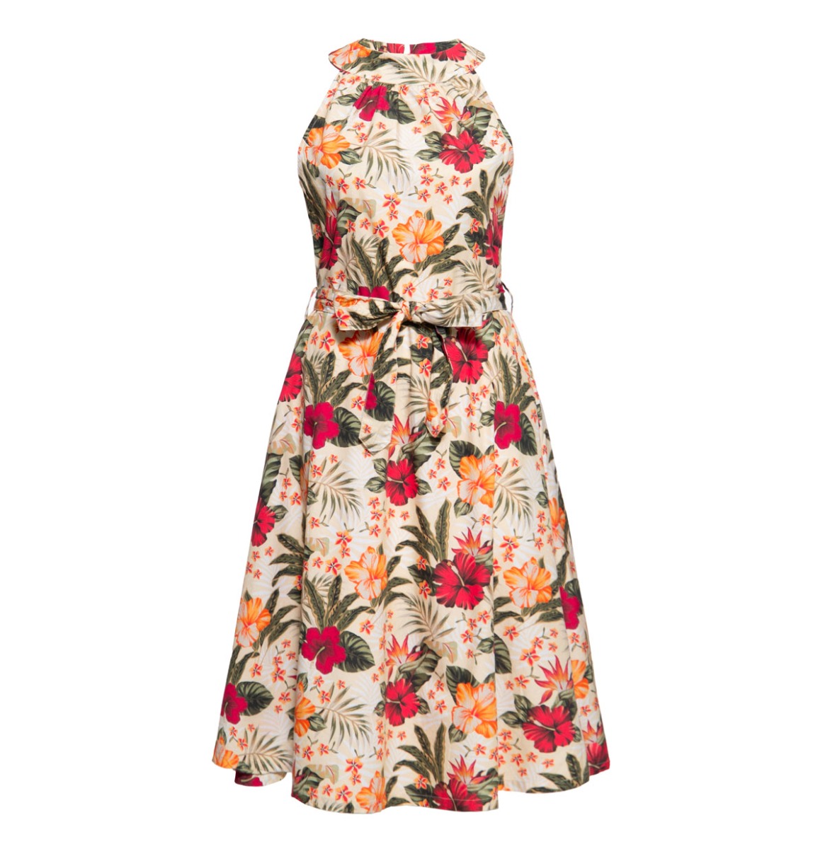 Queen Kerosin Hawaii Hibiscus Turtleneck Swing Dress Off White-XL | Queen Kerosin