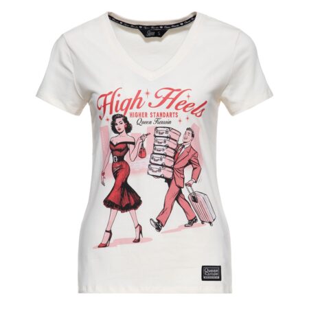 Queen Kerosin High Heels V-neck T-shirt Off White-XS | Queen Kerosin