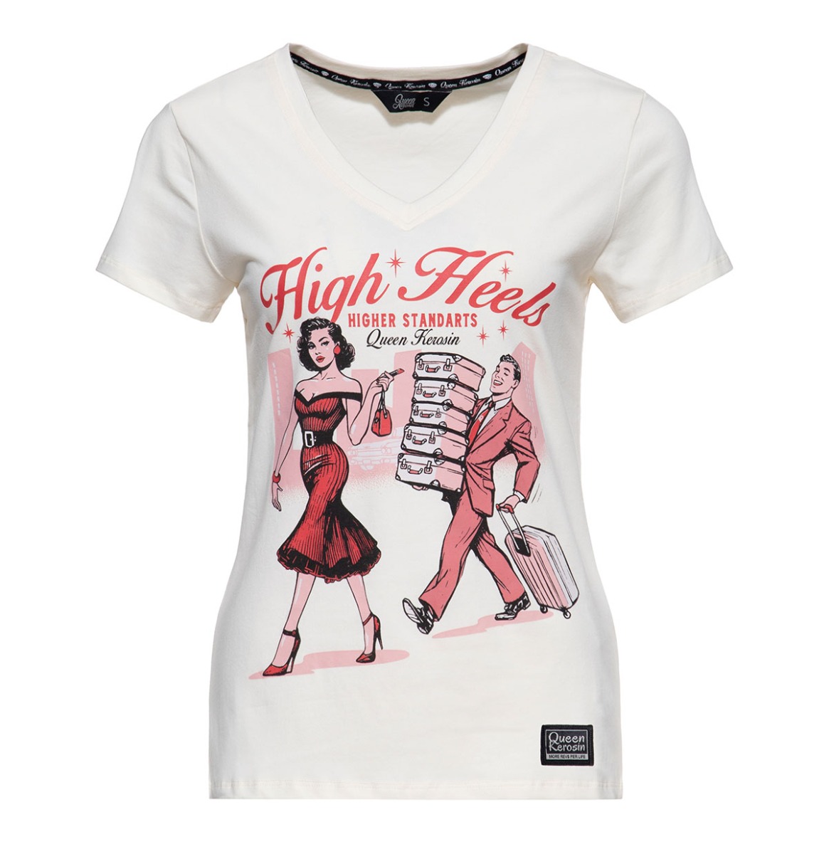 Queen Kerosin High Heels V-neck T-shirt Off White-XS | Queen Kerosin