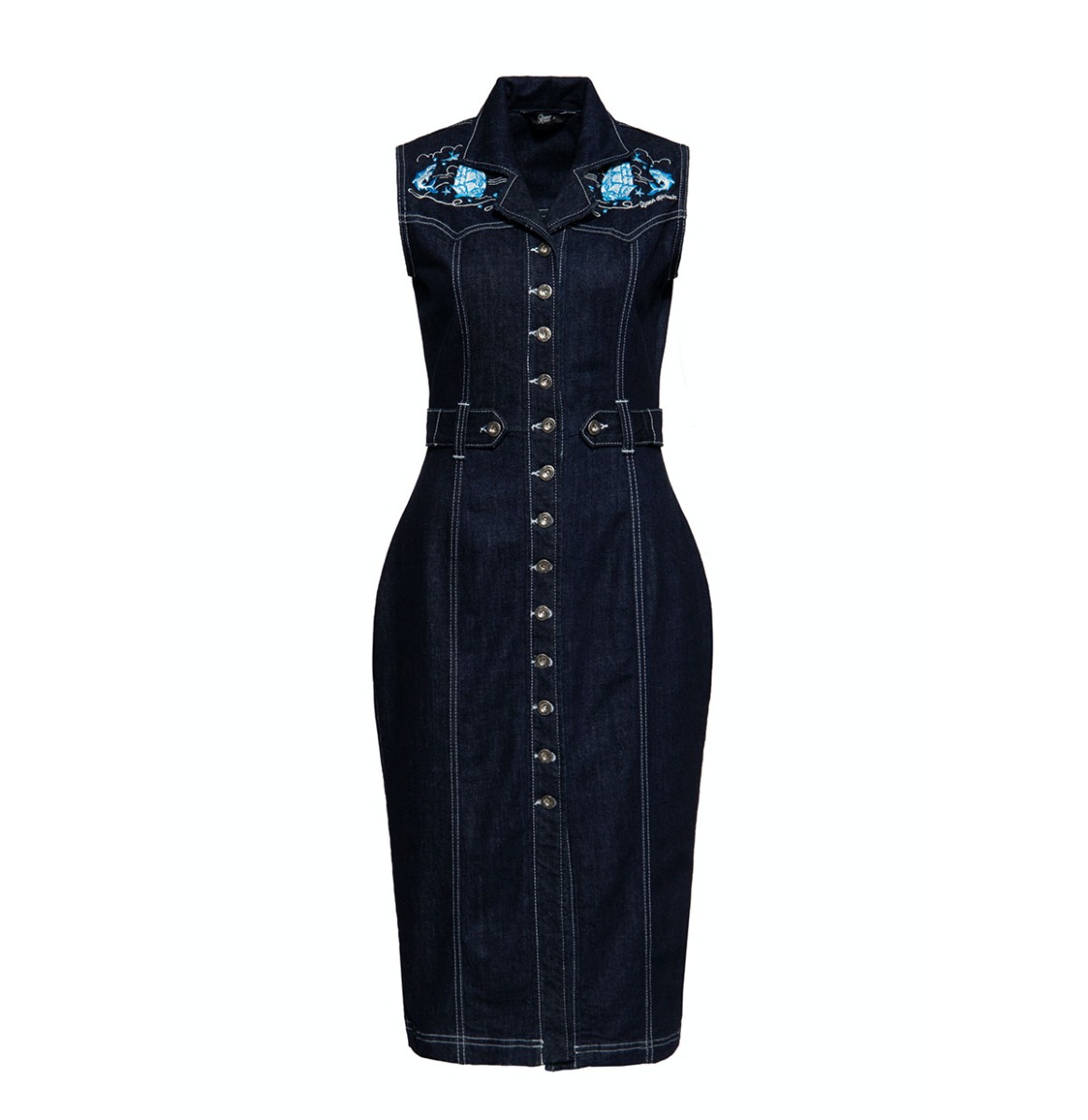 Queen Kerosin Sailor Embroidery Denim Pencil Dress-M | Queen Kerosin