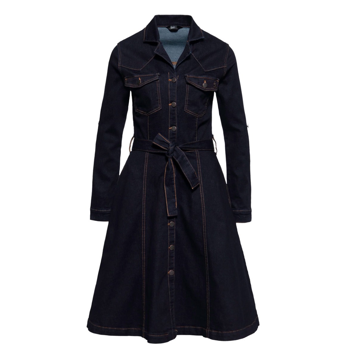 Queen Kerosin Workwear Denim Swing Dress With Tieable Belt-L | 20% korting | Queen Kerosin