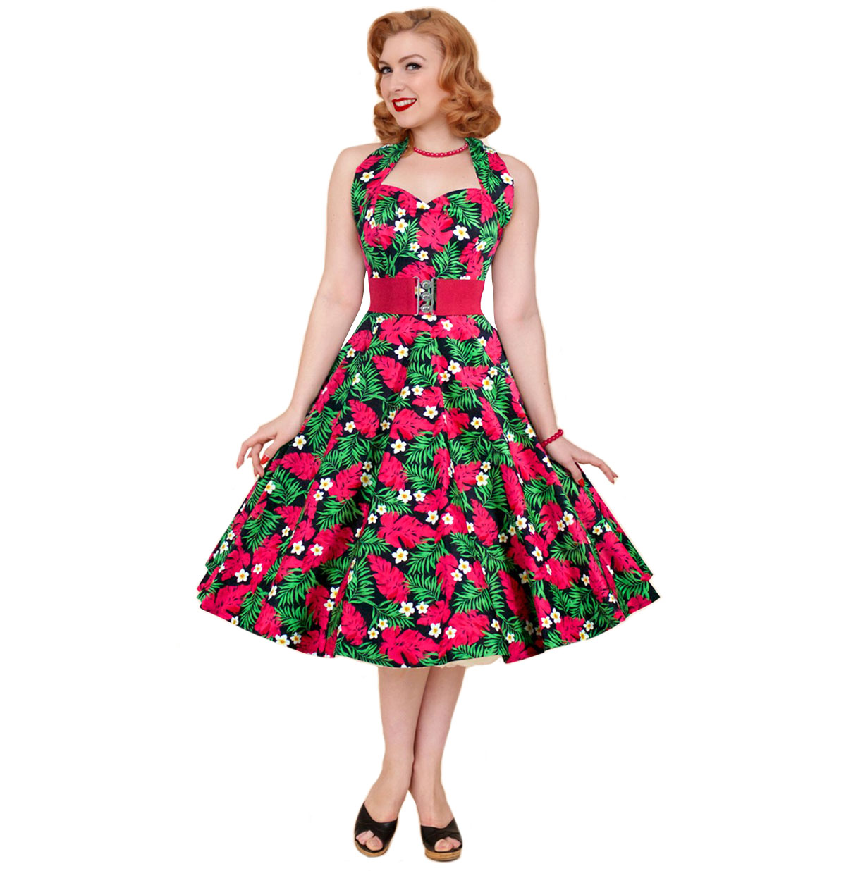 Red Palm Floral Dress Black-46 (NL)/ 20 (UK) | Vivien of Holloway